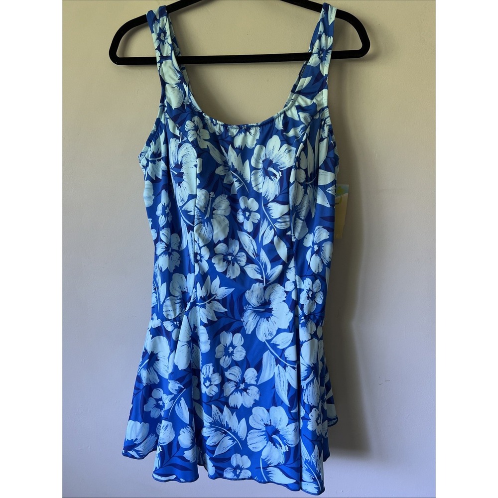 New Le Cove Swimdress Women's Size 24W Plus Blue Floral Sleeveless